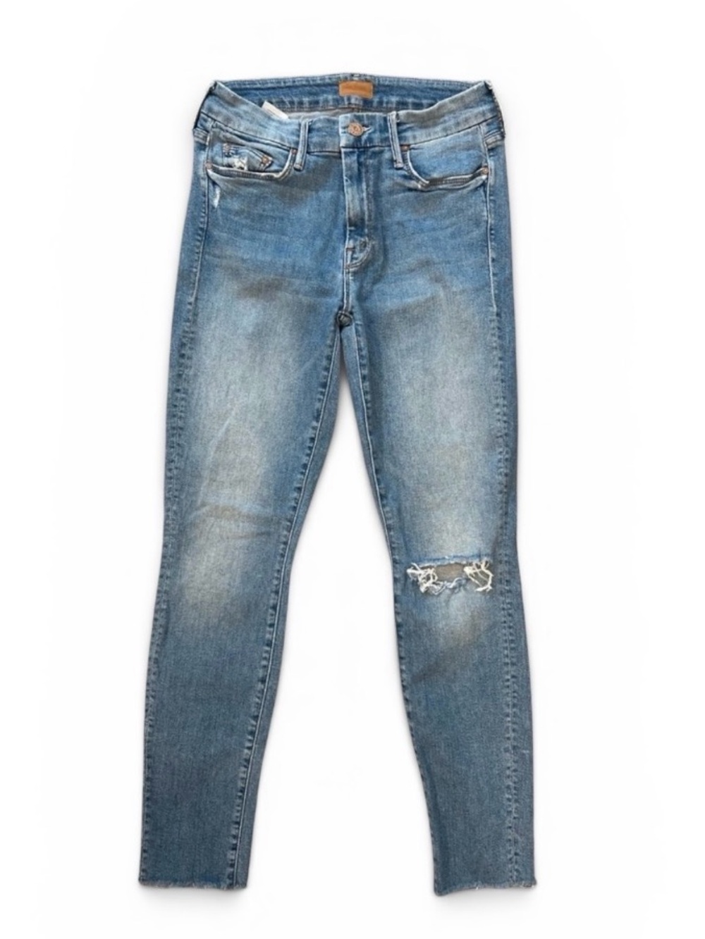 MOTHER Women's Skinny Jeans in Light Blue with Distressed Knee